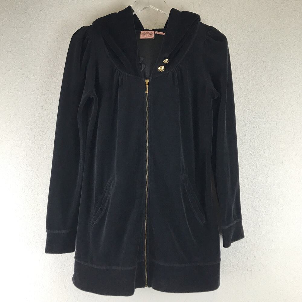 Vintage Juicy Couture Y2K Velour Zip Up Hoodie Track Jacket Black Made in USA L